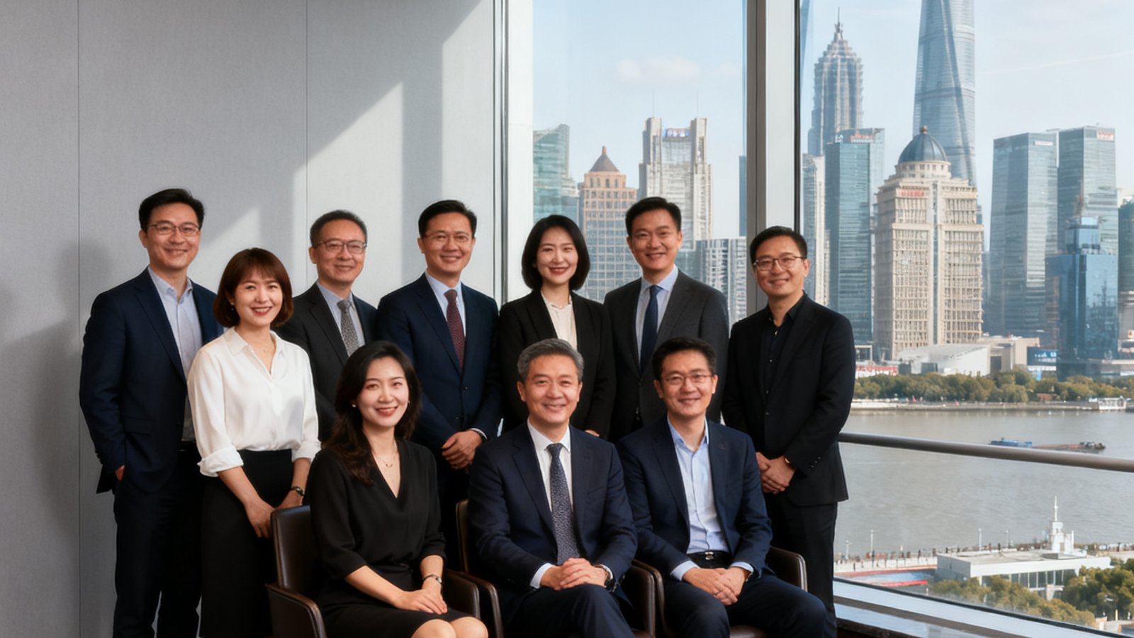 巴比伦贵宾会核心管理团队在位于上海浦东的办公室合影，身后落地窗可俯瞰黄浦江景和陆家嘴建筑群，团队成员面带微笑展现专业氛围