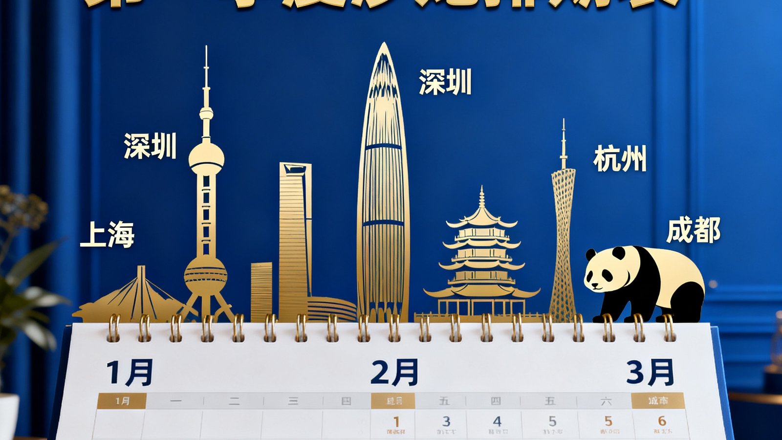 巴比伦贵宾会2025年第一季度沙龙排期表公布，配图为日历翻页与上海深圳杭州成都四城地标剪影组合