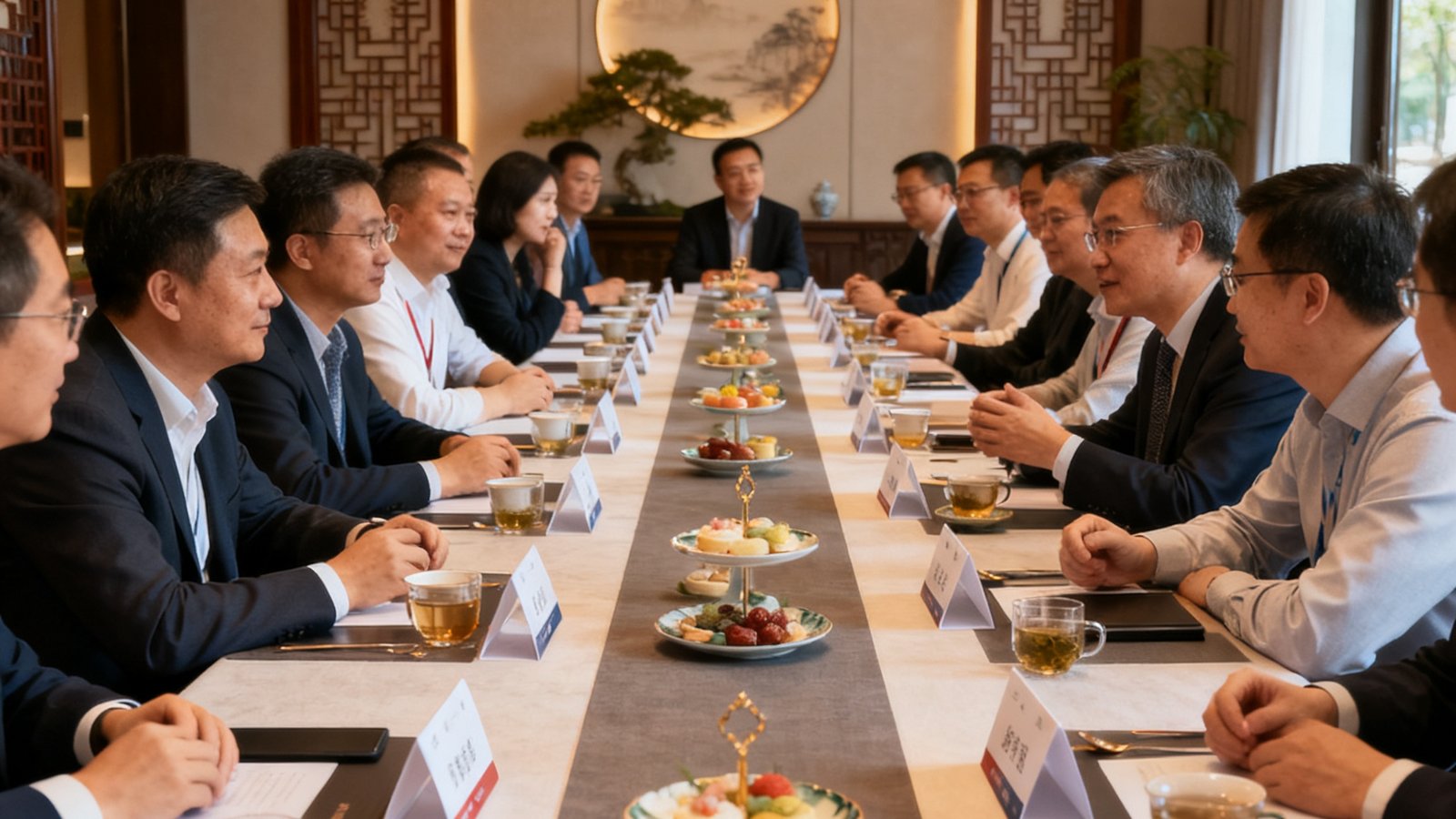 巴比伦贵宾会闭门沙龙现场，长桌两侧约20位企业家正在进行深度商业交流，桌上摆放着精致茶点和定制名牌，背景为暖色调灯光与现代中式装饰