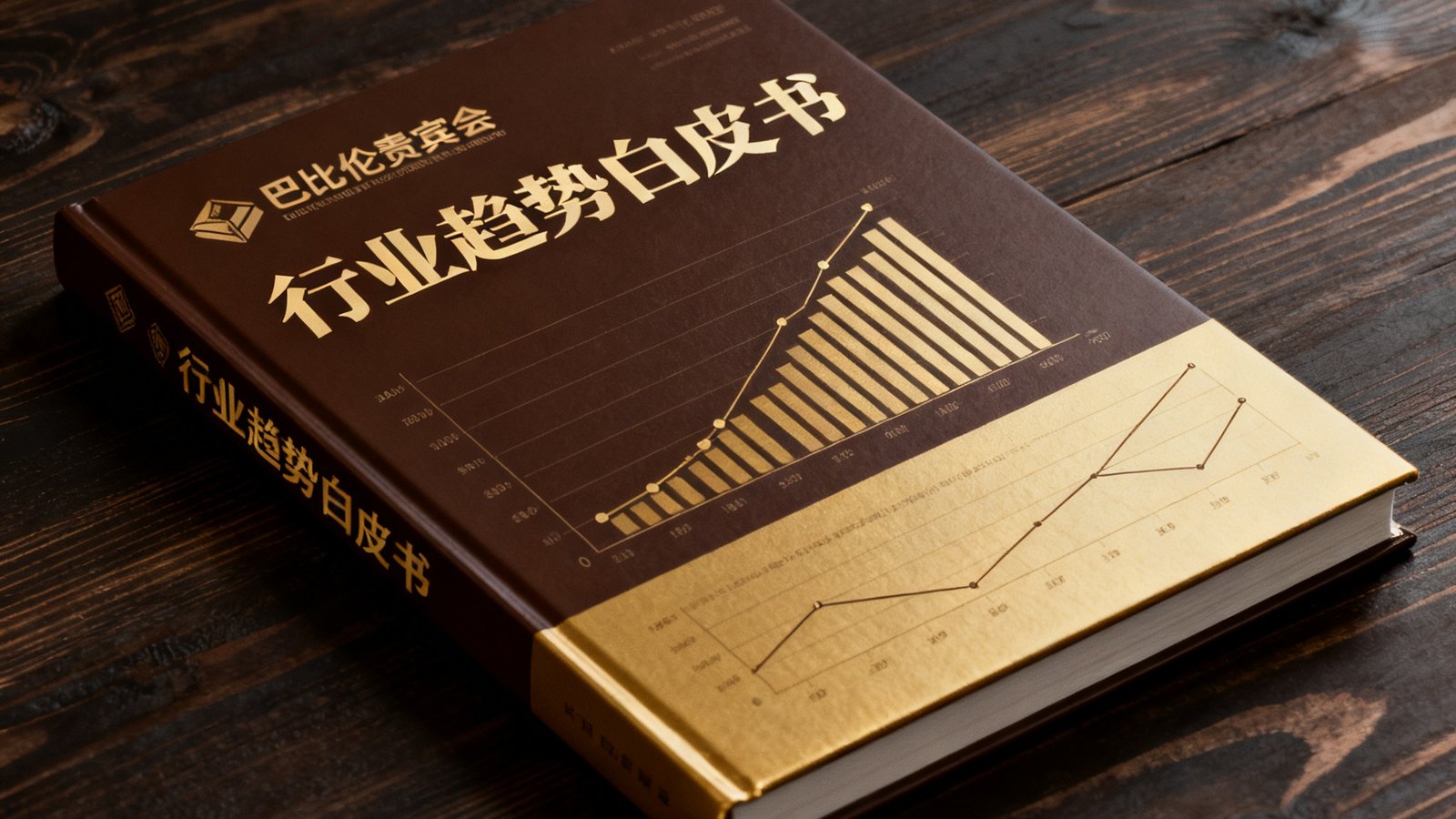巴比伦贵宾会最新发布的行业趋势白皮书封面，精装印刷版本平铺于深色木质桌面上，封面印有数据可视化图表和专业标题文字