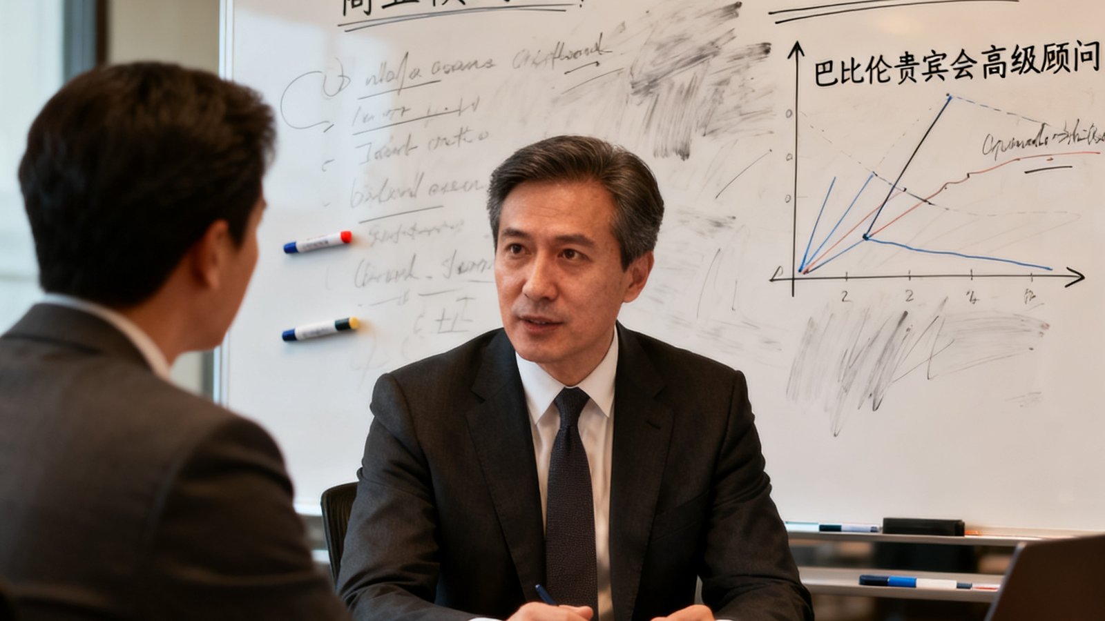 巴比伦贵宾会高级顾问与企业家进行一对一战略咨询，办公室白板上写满了商业模式画布和关键数据指标，两人专注讨论