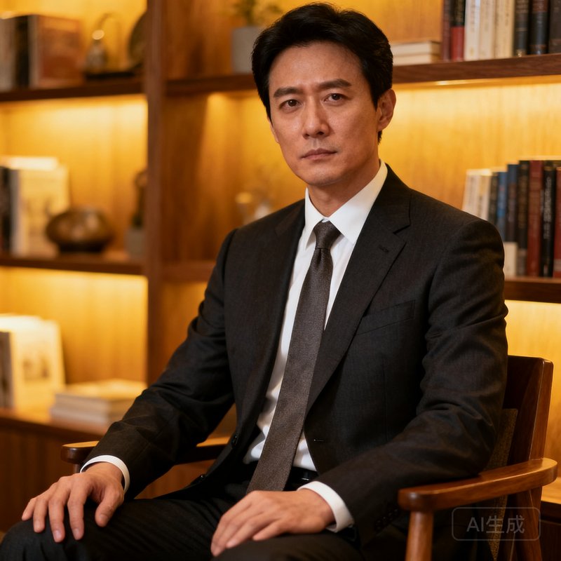 巴比伦贵宾会创始人周明远先生正装半身照，背景为木质书架和暖色调灯光，展现沉稳专业气质